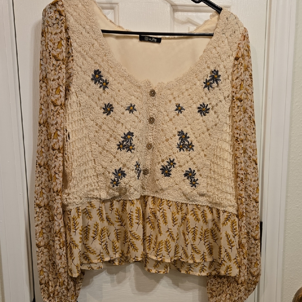Miss Me Western Style Lace Cream and Yellow Floral Blouse